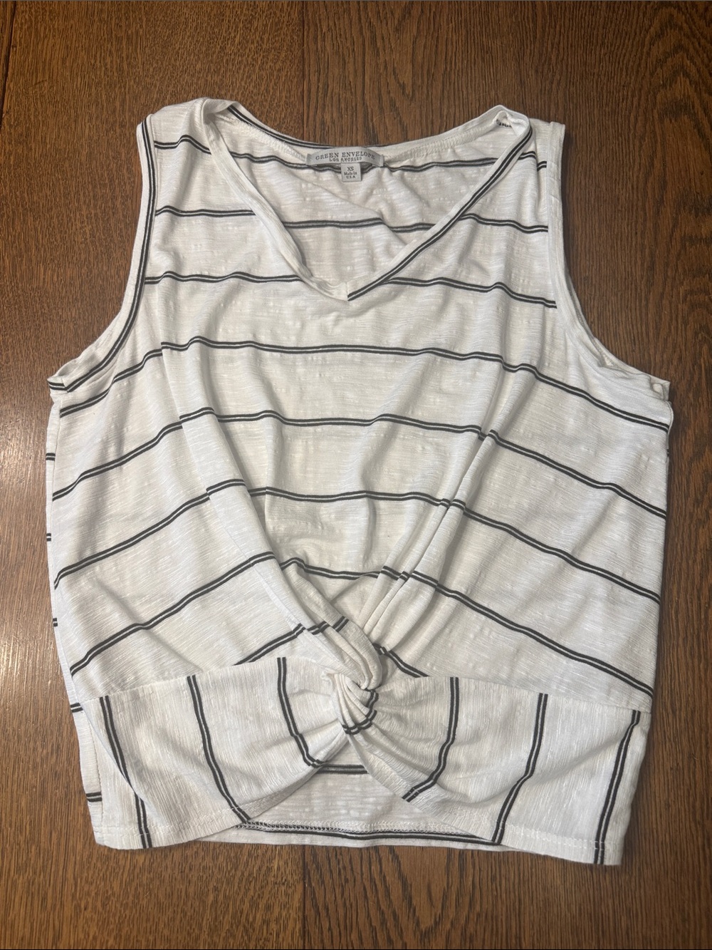 Green Envelope White and Black Striped Knot-Front V-Neck Tank, XS
